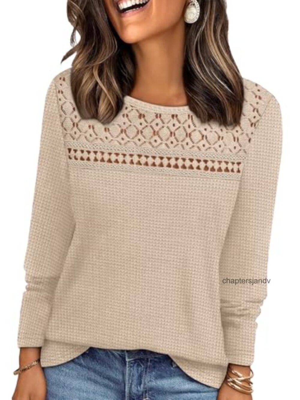 Women's Lace Long Sleeve Blouse Dressy Casual Lightweight Waffle Knit Sweater
